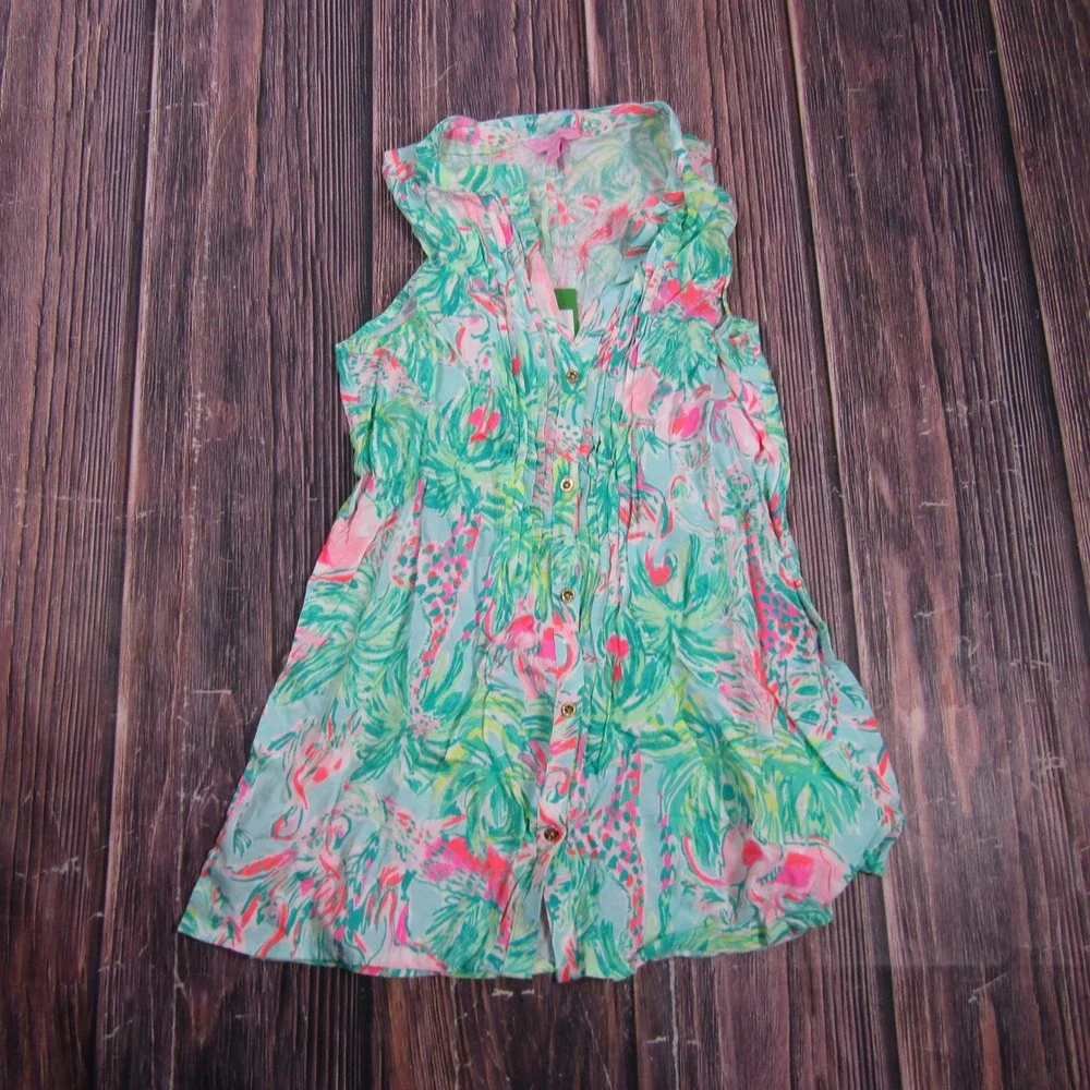 Lilly Pulitzer Sarasota Top Women XXS Seasalt Blue On Parade Sleeveless 29143